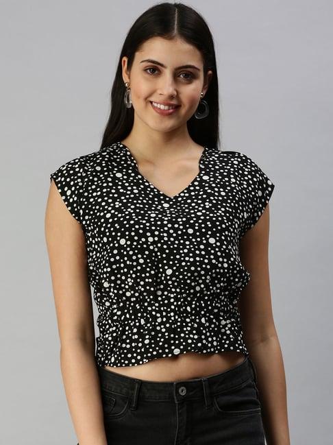 showoff short sleeves sweetheart neck black polka dots top