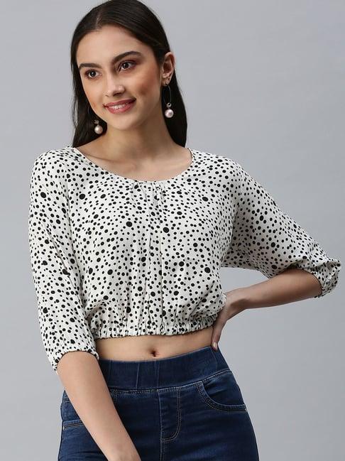 showoff round neck sleeves embroidered white crop top