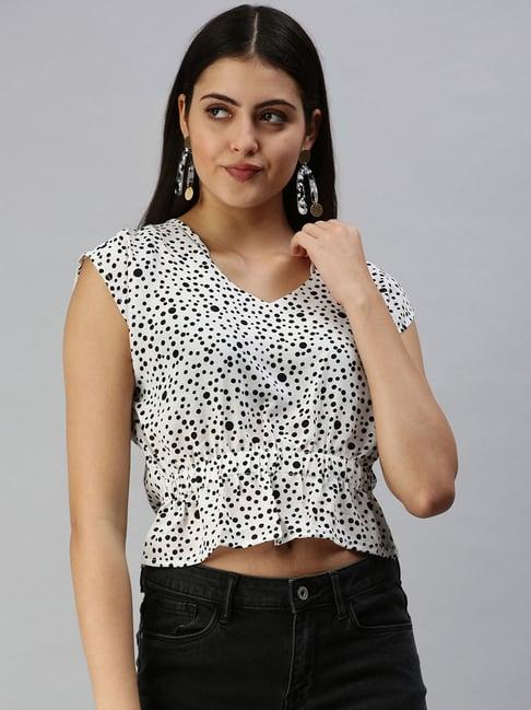 showoff short sleeves sweetheart neck white polka dots top