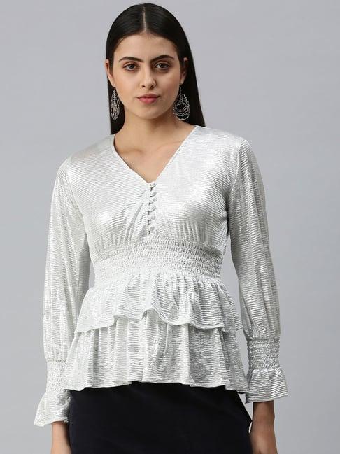 showoff v-neck flared sleeves solid silver peplum top