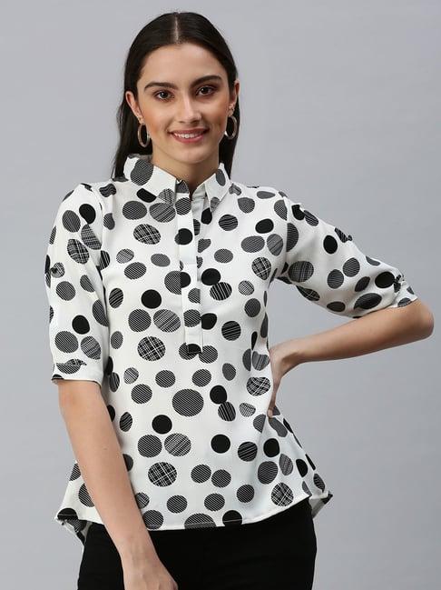 showoff shirt collar roll-up sleeves printed white top