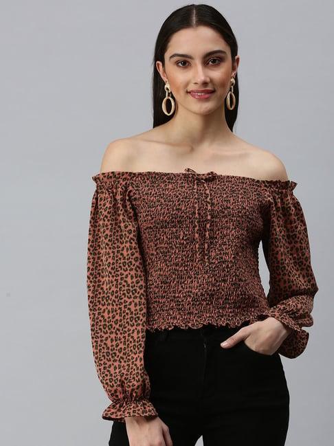 showoff square neck sleeves printed orange top