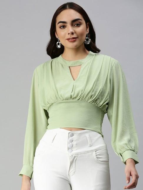 showoff long sleeves keyhole neck green solid crop top