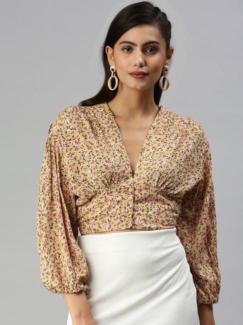 showoff v-neck floral beige crop top