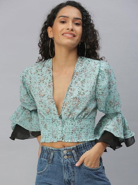 showoff v-neck floral teal crop top