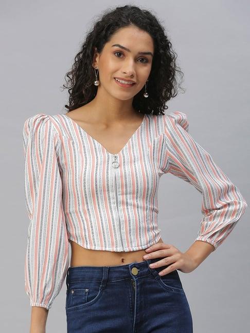 showoff v-neck vertical stripes peach crop top