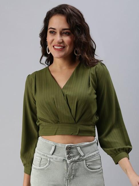 showoff vertical stripes cinched waist olive v-neck crop top