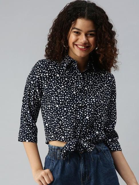 showoff shirt collar cuffed sleeves printed navy blue top