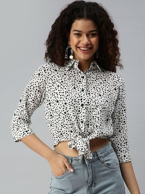 showoff shirt collar cuffed sleeves printed white top