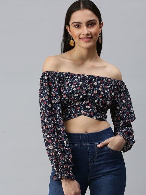 showoff off-shoulder cuffed sleeves printed navy blue crop top