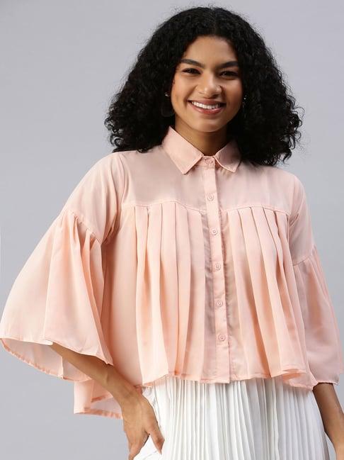 showoff three-quarter sleeves shirt collar peach solid top