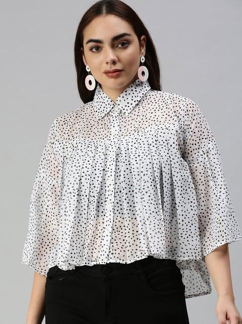 showoff three-quarter sleeves shirt collar white polka dots top