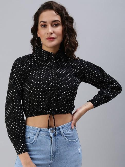 showoff polka dots cinched waist black shirt collar crop top