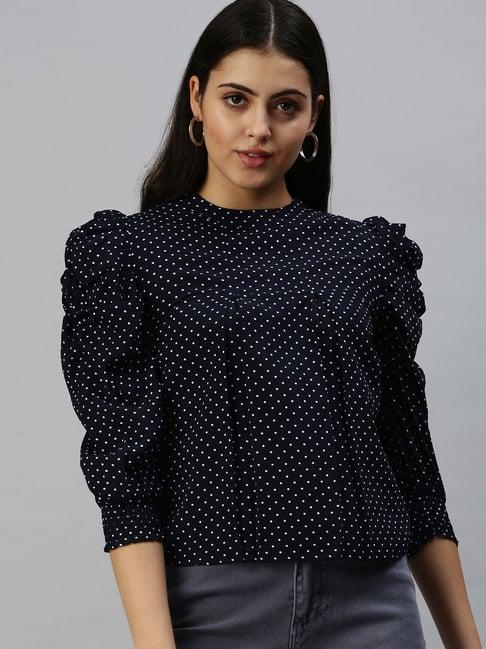 showoff  mandarin collar navy blue polka dots top