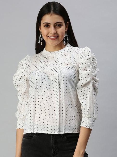 showoff mandarin collar white polka dots top