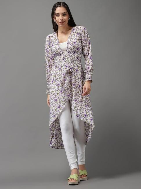 showoff floral v-neck white high-low longline tunic top