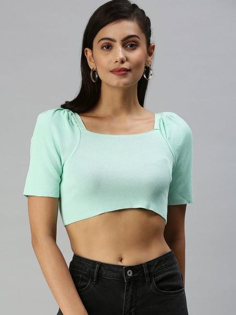 showoff square neck solid sea green crop top