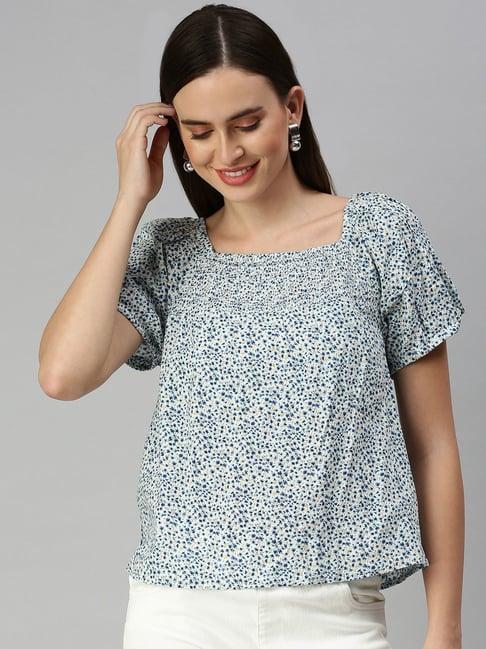 showoff square neck floral white & blue top