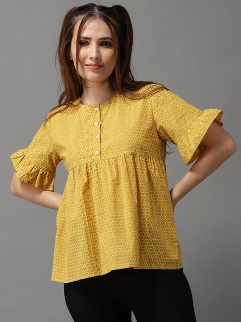 showoff geometric round neck mustard peplum top