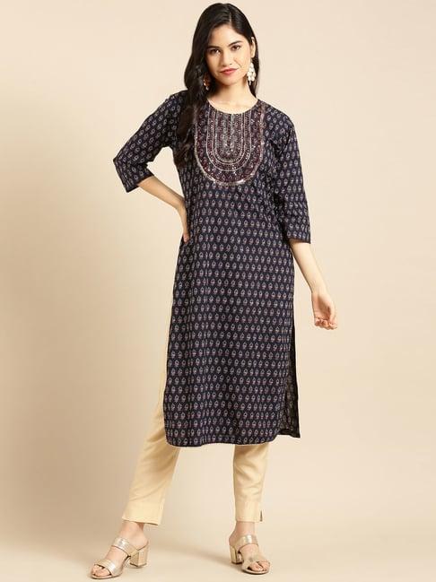 showoff navy cotton ethnic motifs calf length straight kurta