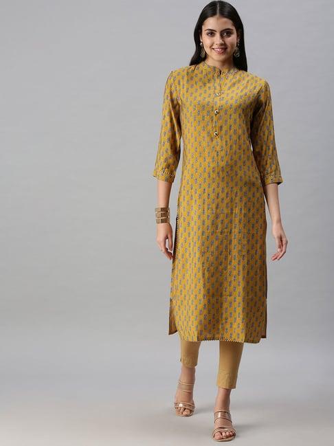 showoff yellow cotton printed calf length straight kurta