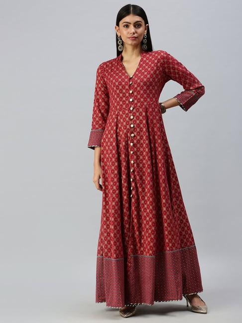 showoff maroon cotton ethnic motifs calf length anarkali kurta