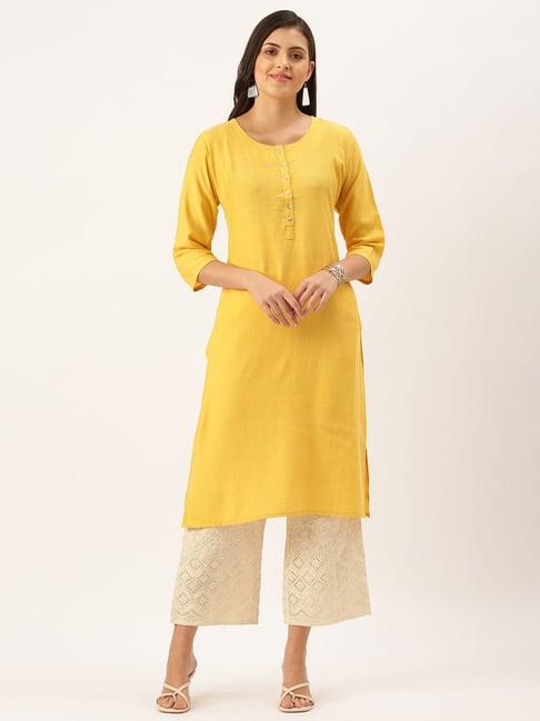 showoff mustard cotton calf length straight kurta