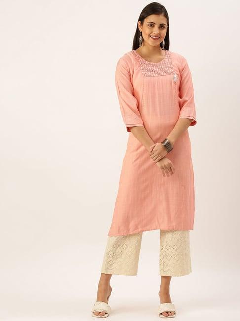 showoff peach cotton embellished calf length straight kurta