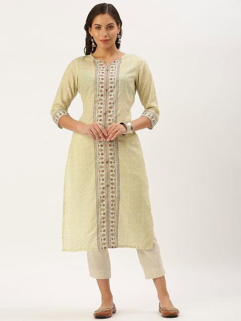 showoff green cotton ethnic motifs calf length straight kurta