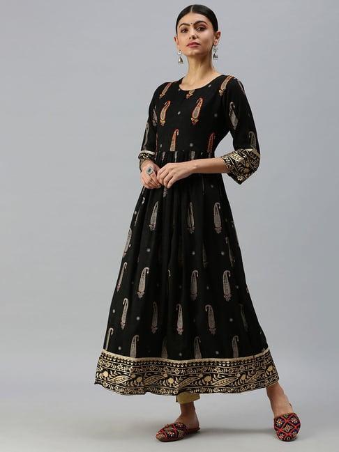 showoff black cotton printed calf length anarkali kurta