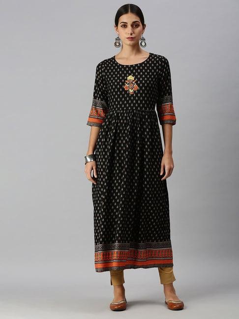 showoff black cotton ethnic motifs calf length anarkali kurta