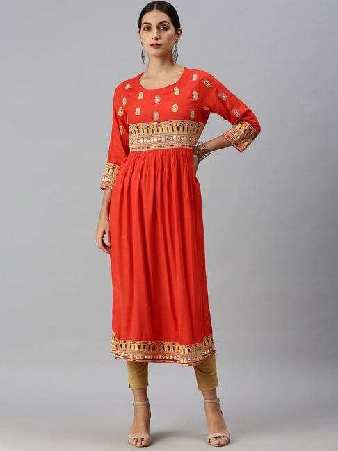 showoff orange cotton printed calf length straight kurta