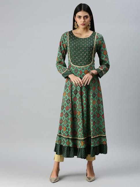 showoff green cotton embellished motifs calf length anarkali kurta