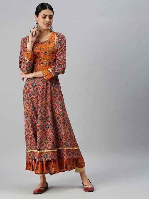 showoff pink cotton ethnic motifs calf length anarkali kurta