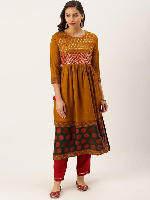 showoff mustard cotton embellished calf length a line kurta