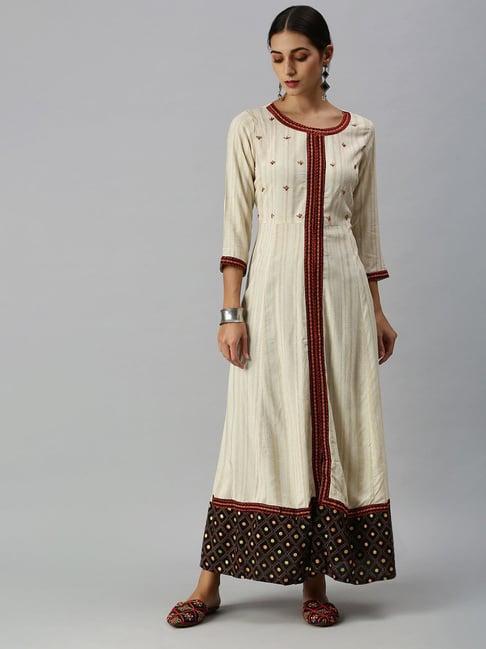 showoff beige cotton embroidered ankle length a line kurta