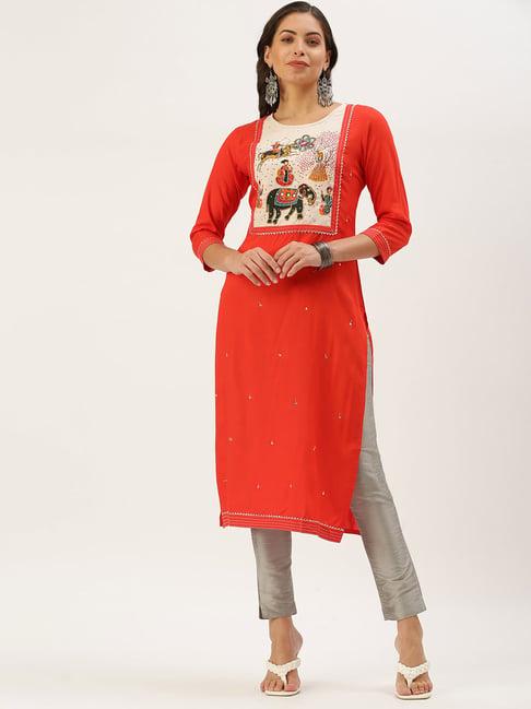 showoff orange cotton embellished calf length straight kurta