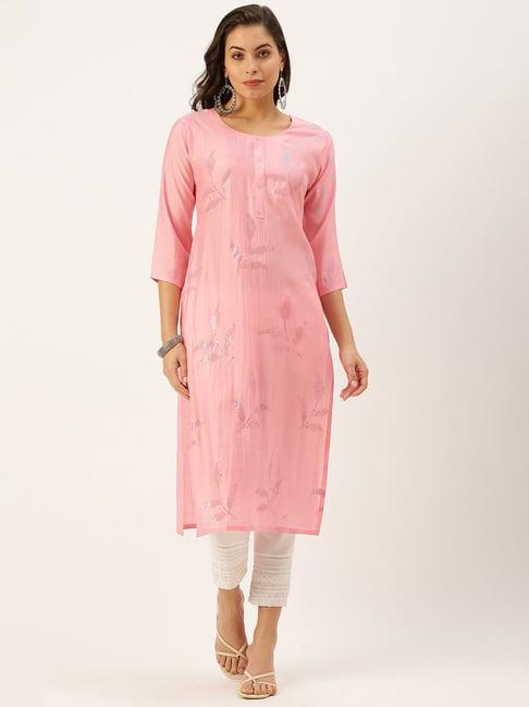 showoff pink cotton embellished calf length straight kurta