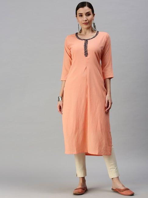 showoff peach calf length straight kurta