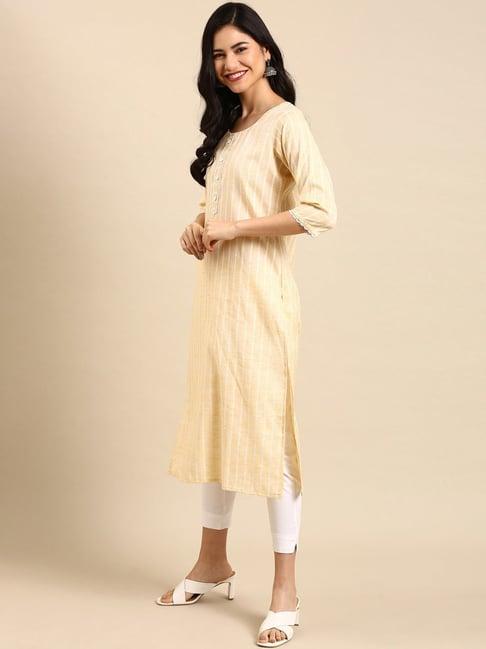 showoff yellow cotton printed calf length straight kurta