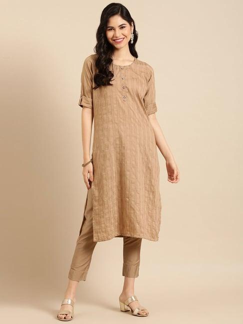 showoff khaki printed calf length straight kurta