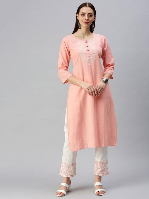 showoff peach embroidered kurta with pants