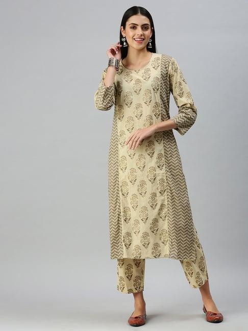 showoff beige floral print kurta with pants