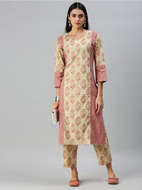 showoff beige floral print kurta with pants