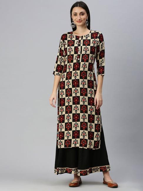 showoff beige & black printed kurta with palazzo