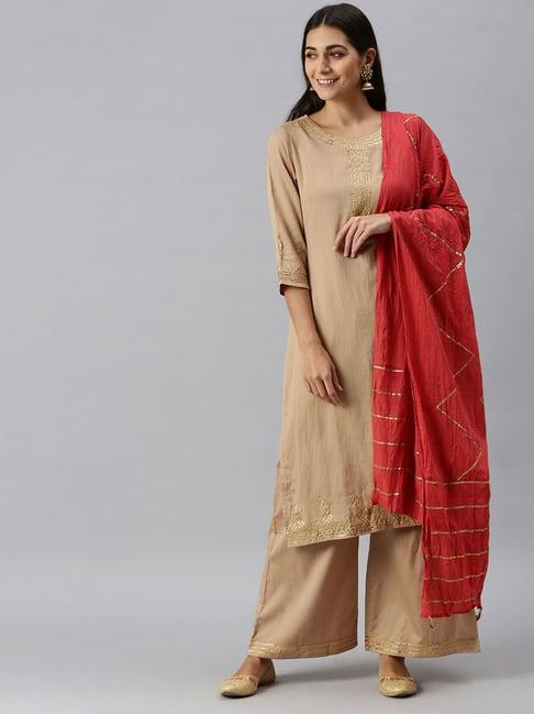 showoff khaki kurta with palazzo & dupatta