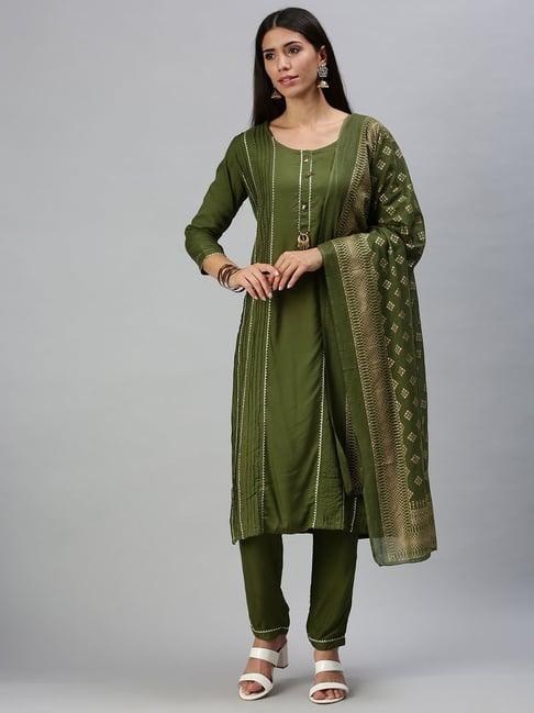 showoff olive straight calf length kurta with pants & dupatta