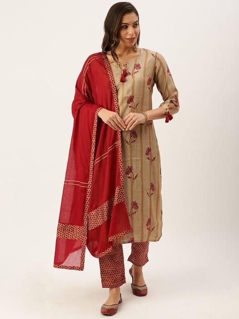 showoff beige cotton floral print straight kurta with pants & dupatta