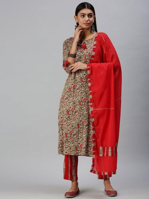 showoff beige printed kurta with pants & dupatta