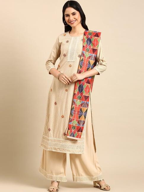 showoff beige printed straight calf length kurta with palazzo & dupatta